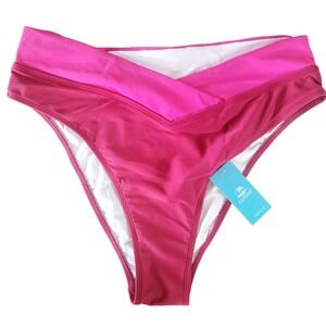 Cupshe L Live Life‎ On The Beach Bikini Bottom Swimwear Hot Pink Hi Cut Leg NWT
